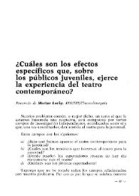 ¿Cuáles son los efectos específicos que, sobre los públicos juveniles, ejerce la experiencia del teatro contemporáneo? / Ponencia de Marian Lucky | Biblioteca Virtual Miguel de Cervantes