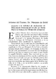 Informe del Excmo. Sr. Marqués de Rafal respecto a la solicitud de declaración de Monumento Nacional del templo de Santa María la Antigua de Villalpando (Zamora) / El Marqués de Rafal | Biblioteca Virtual Miguel de Cervantes