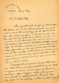 Carta de M. Macías a F. Fita agradeciéndole que haya descifrado la inscripción griega del anillo hallado en Astorga (León) / Instituto General y Técnico de Orense | Biblioteca Virtual Miguel de Cervantes