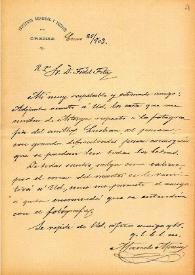 Carta de M. Macías a F. Fita adjuntándole carta envíada desde Astorga respecto a la dificultad que supone sacar una fotografía completa de la inscripción del anillo / Instituto General y Técnico de Orense | Biblioteca Virtual Miguel de Cervantes