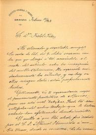 Carta de M. Macías a F. Fita agradeciéndole el envío del Boletín con el estudio del anillo y felicitándole por su trabajo y los fotograbados que se han publicado. Le adjunta Boletín (Orense) / Instituto General y Técnico de Orense | Biblioteca Virtual Miguel de Cervantes