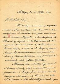 Carta de M. Macías a F. Fita sobre la lectura de una inscripción publicada en la Revista de la Asociación Artístico-arqueológica de Barcelona que incluye el fotograbado de la lápida / Instituto General y Técnico de Orense | Biblioteca Virtual Miguel de Cervantes