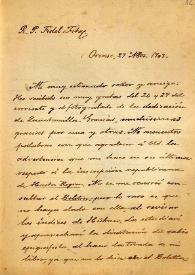 Carta de M. Macías a F. Fita diciéndole que está en Astorga encargado del traslado de los restos mortales de F. Torres Amat. Le pide fotograbado de la insigne dedicación de Quintanilla para incluirla en su Epigrafia romana de Astorga que ya fue publicada / "Razón y Fe" (publicación) | Biblioteca Virtual Miguel de Cervantes