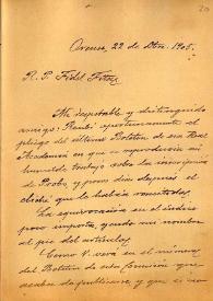 Carta de M. Macías a F. Fita adjuntándole la "reseña de la dedicación a Probo" y un taco de fotograbados. No están junto a la carta. Le informa que ha pedido al Sr. Sanjurjo que intente traer la inscripción visigótica para el Museo de la Comisión / Comisión de Monumentos Histórico - Artísticos de Orense; Museo de la Comisión de Monumentos Histórico - Artísticos de Orense | Biblioteca Virtual Miguel de Cervantes