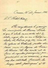 Carta de Marcelo Macías a Fidel Fita, sobre un epígrafe que sospecha estaría en una parroquia orensana, sobre la compra de utillaje lítico de la Edad del Bronce. | Biblioteca Virtual Miguel de Cervantes