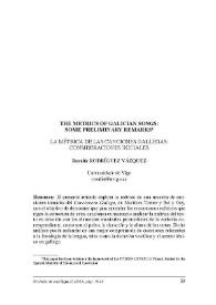 The metrics of Galician songs : some preliminary remarks = La métrica de las canciones gallegas: consideraciones iniciales / Rosalía Rodríguez Vázquez | Biblioteca Virtual Miguel de Cervantes