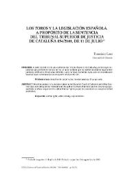 Los toros y la legislación española. A propósito de la Sentencial del Tribunal Superior de Justicia de Cataluña 854/2001 de 11 de julio / Francisco Lara | Biblioteca Virtual Miguel de Cervantes