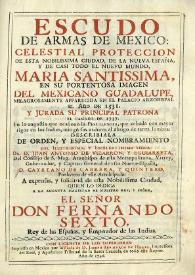 Escudo de armas de Mexico [sic] : celestial proteccion de esta nobilissima ciudad, de la Nueva-Espana [sic], y de casi todo el nuevo mundo, Maria Santissima [sic], en su portentosa imagen del mexicano Guadalupe, milagrosamente apparecida en el palacio arzobispal el año de 1531... | Biblioteca Virtual Miguel de Cervantes