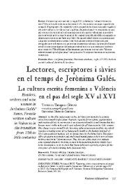 Lectores, escriptores i sàvies en el temps de Jerònima Galés. La cultura escrita femenina a València en el pas del segle XV al XVI / Verònica Zaragoza Gómez | Biblioteca Virtual Miguel de Cervantes