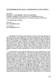 Testimonio de un poeta, testimonio de una época / intervienen Rosario "La Dinamitera", Miguel Abad Miró, Gabriel Baldrich, Arturo del Hoyo, Leopoldo de Luis, Manuel Manresa Marhuenda, Valeriano Basilio Marquina, Luis Rodríguez de Isert ; moderador Juan Martínez Leal ; transcriptor Juan Martínez Leal | Biblioteca Virtual Miguel de Cervantes