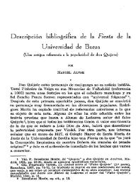 Descripción bibliográfica de la "Fiesta" de la Universidad de Baeza : (una antigua referencia a la popularidad de don Quijote)  / Manuel Alvar | Biblioteca Virtual Miguel de Cervantes